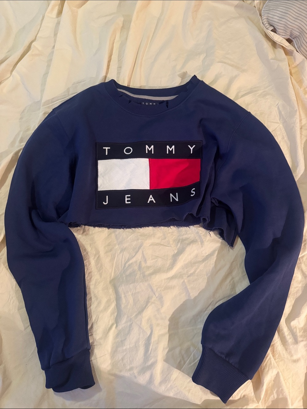 Tommy Hilfiger Navy Blue Cropped Logo Sweatshirt with Red & White Flag